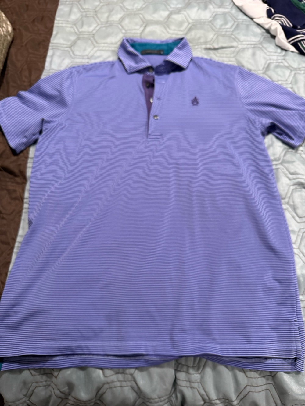 Greyson Polo Shirt Purple Striped Performance Stretch Wolf Logo Men Size Medium